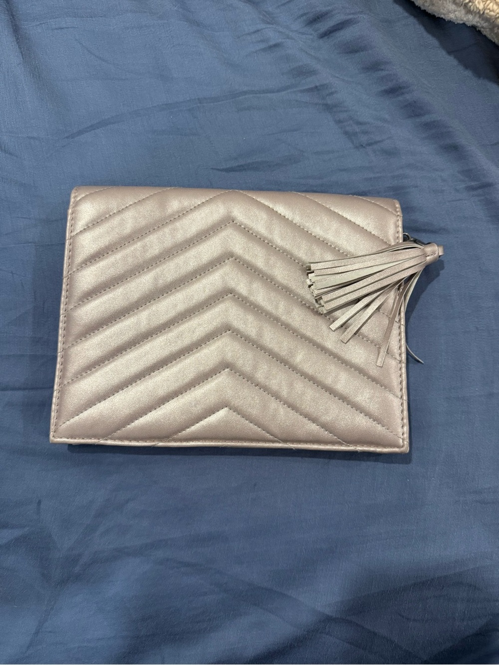 Neiman Marcus Metallic Taupe Chevron Quilted Clutch Bag with Tassel Accent